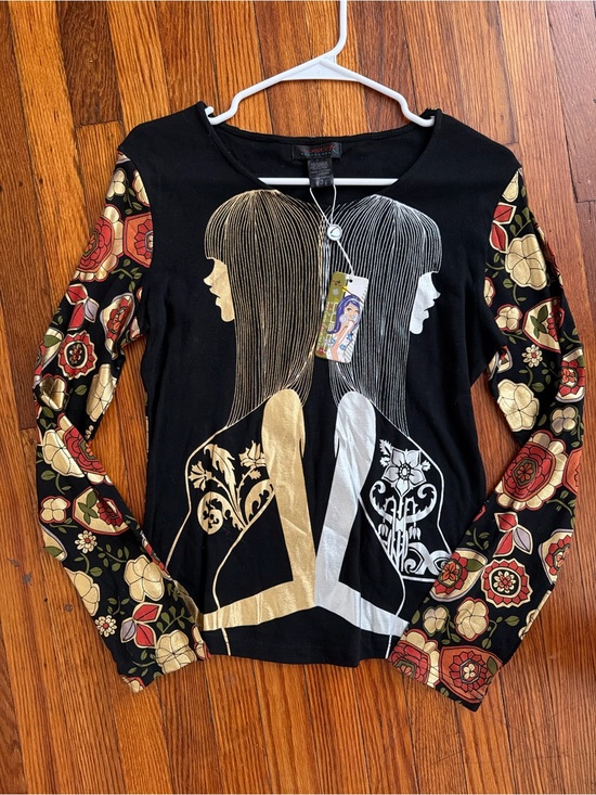 Custo Barcelona Tops - Custo Barcelona Boho Floral Sleeve Graphic Top - Black with Gold & Silver Print